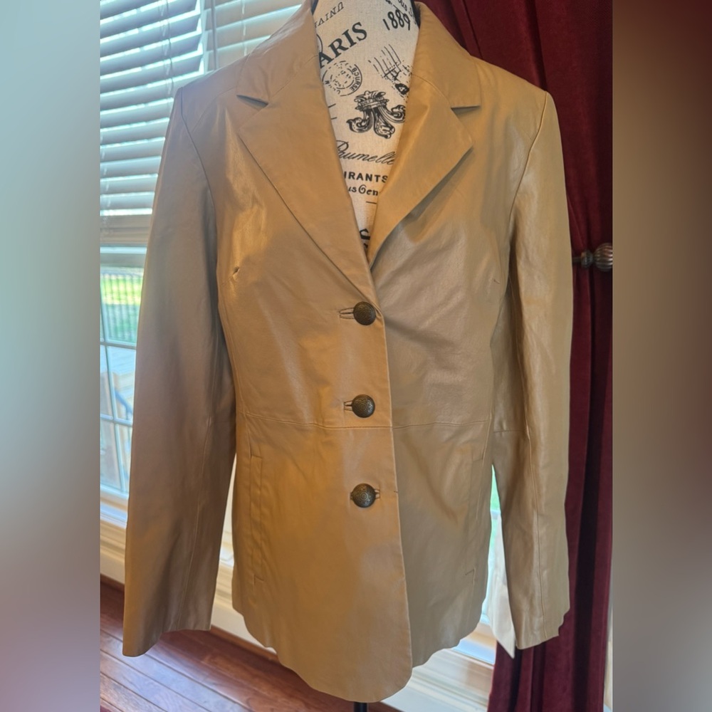 90s Vintage Denim + Company Tan Brown Leather Jacket Coat Buttons Women’s Medium